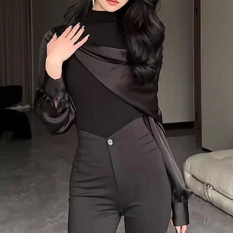 Women Stylish French Luxury Chic Half High Collar Blouses Office Lady Elegant Business Casual Shirts Black Long Sleeve Slim Tops