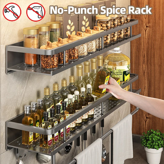 1/2PCS Wall Mounted Spice Rack No Drilling Kitchen Spice Organizer with Hook Spice Storage Rack Bathroom Kitchen Storage Shelf