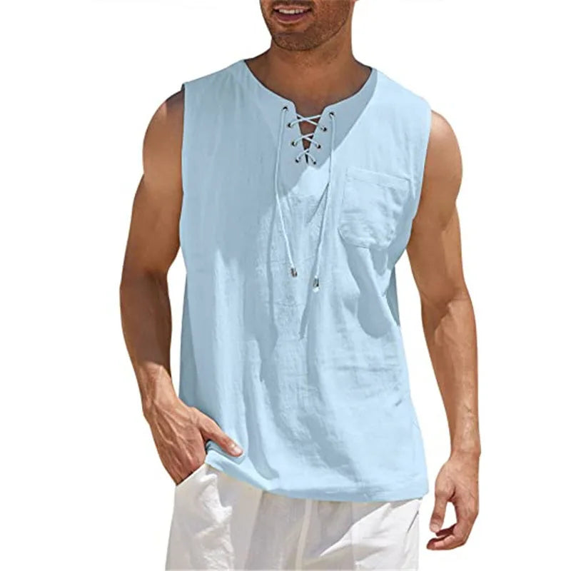 Cotton Linen Shirts Men's Casual Leeveless Vest Bandage Lace Up Blouse Retro V Neck Fashion Loose Shirt Male Solid Color Clothes