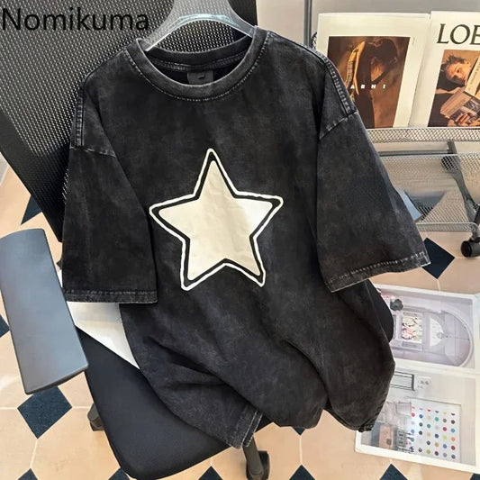 Vintage Tshirts Women's Clothing Star Print Short Sleeve O-neck Tees Oversized Tops Y2k T Shirt Casual Fashion Harajuku T-shirt