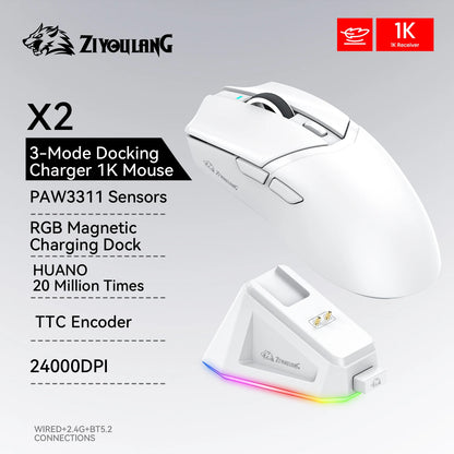 X2  wireless Mouse, 24000DPI PAW3311  2.4G/BT/Wired Ultra-light Magnetic Charging Dock  Gaming Mouse