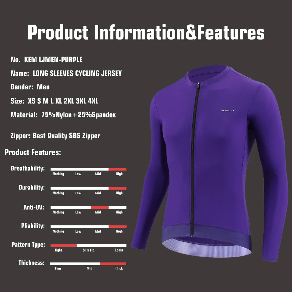 KEMALOCE Cycling Jersey Men Long Sleeve 2025 Autumn&Spring Black&Purple&Grey Reflective Breathable High End Bicycle Bike Jersey