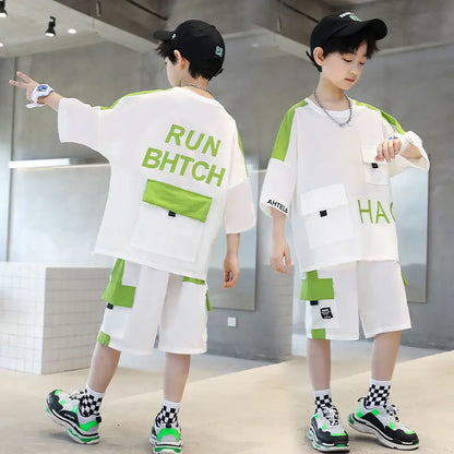 Children Boys Clothes Summer Patchwork T-Shirt & Contrast Colors Shorts 2 Pieces Set Teenage Boy Street Wear Letter Tracksuit