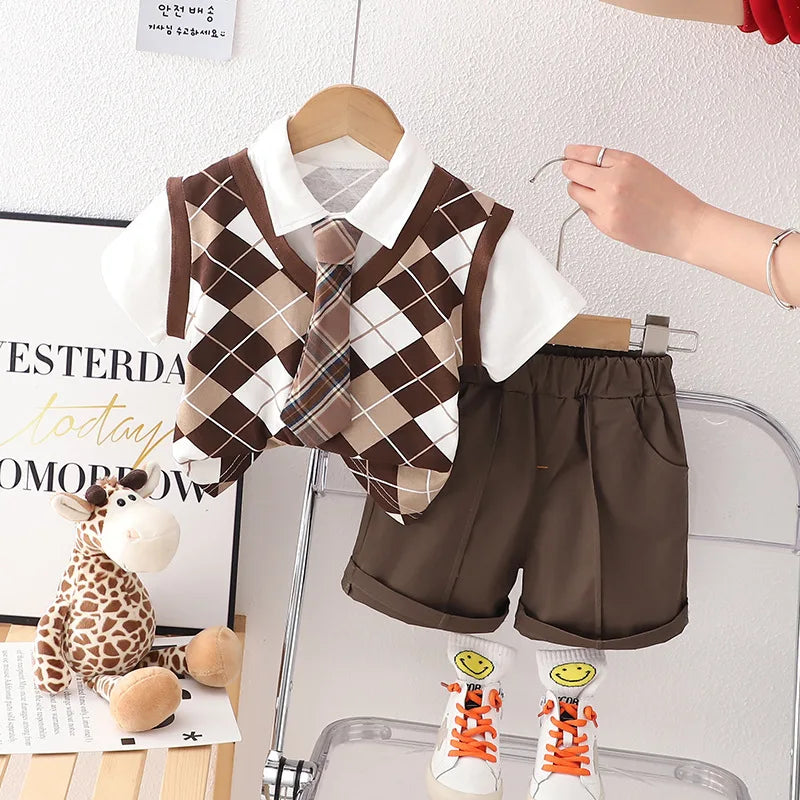 New Baby Girls Boys Clothing Toddler Summer Fashion School Children Plaid Clothes Suit T Shirt Overalls Pants 2Pcs/Set