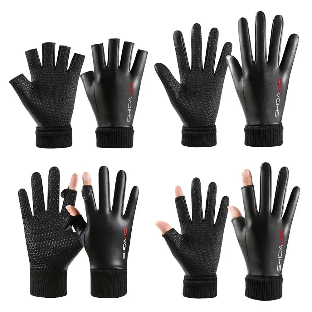 Men Leather Gloves Warm Thermal Fleece Leather Gloves Windproof Ski Snow Snowboard Touch Thick Plush Gloves Riding Gloves