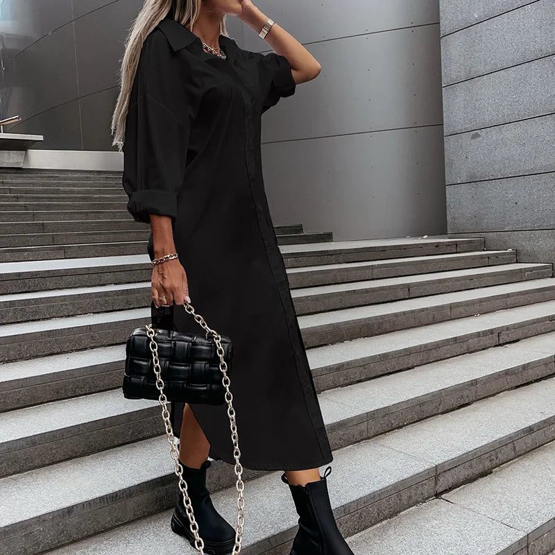 Women Elegant Turn-Down Collar Buttons Party Dress Casual Solid Ladies Maxi Shirt Dresses Spring Long Sleeve Slim Fit Vestidos