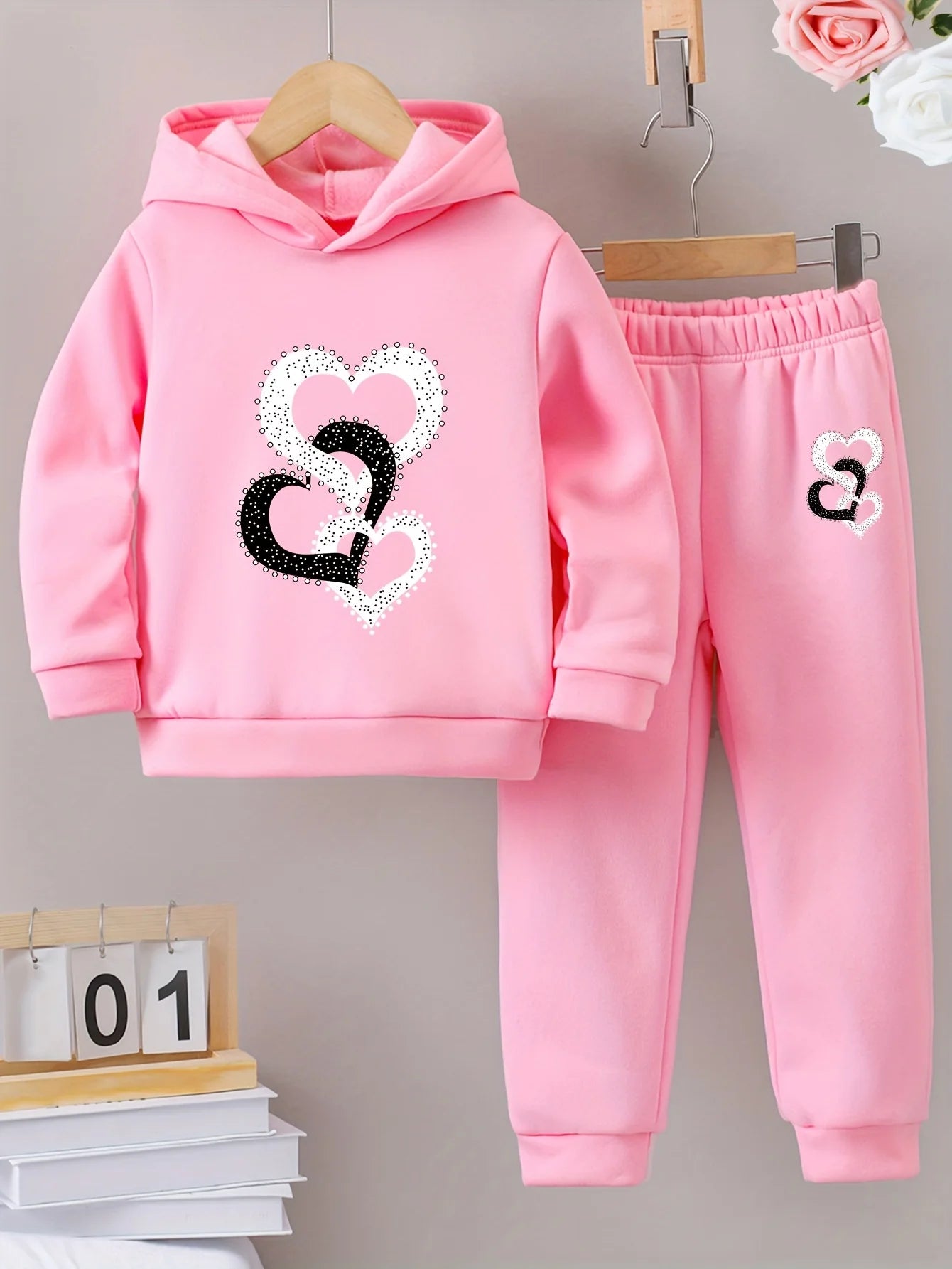 2set Girls Autumn and winter cute sweet casual fashion love pattern printed warm plus fleece hoodie and tracksuit pants