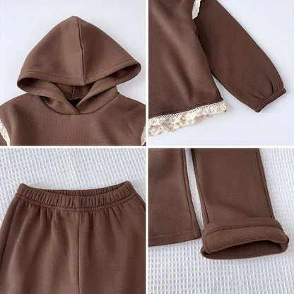 2024 Autumn New Children's Suit Coffee Colored Hooded Lace Patchwork Hoodie+Long Pants 2-piece Set Minimalist Girls Clothes