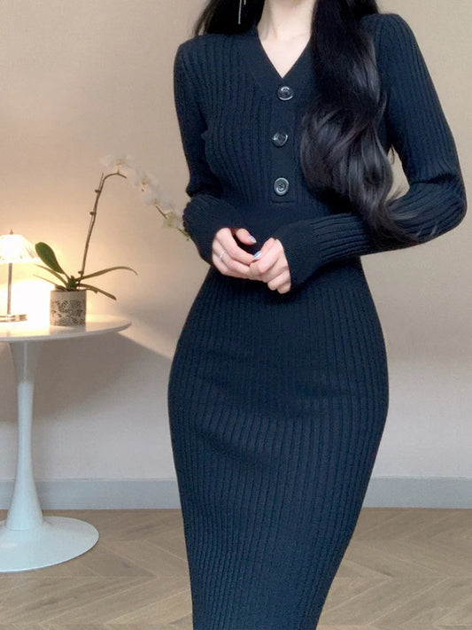 Vintage Knitted Sweater Long Sleeve Midi Dresses for Women Slim Korean Elegant Green Button V Neck Bodycon Dress Autumn 2023 New