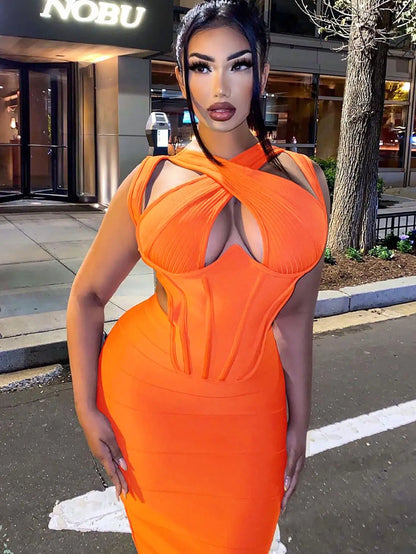 BEAUKEY Sexy Orange Hollow Keyhole Bandage Dress 2023 For Women Black Criss Cross Cut Out Bodycon Dress Halter Party Vestidos