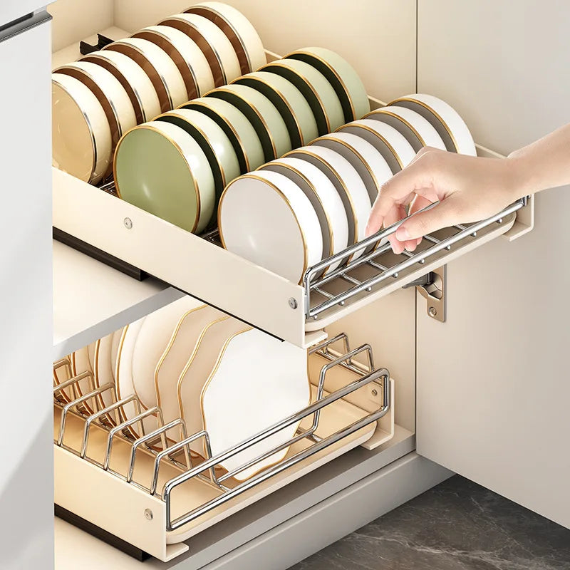 Pull Out Dish Racks Stainless Steel Bowl Storage Rack Cabinet Organizer Under Sink Pull-out Basket Drawer-type Plate Drain Rack