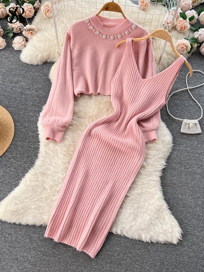 SINGREINY Winter Women Knitted Sets Fashion Breading Long Sleeve Pearl Sweater+Knitted Camis Dress Sets Fashion Sweater Suits