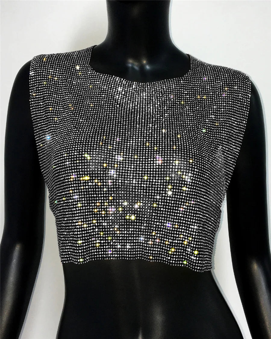 Shiny Rhinestone Sequins Crop Top Sexy Backless Round Neck Metal Tank Top For Women 2024 Fashion Nightclub Party Camisole