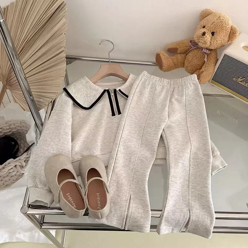 Baby Girls' Sweater Set Spring and Autumn Children's Korean Doll Neck Top+Split Flare Pants 2-PCS Kids Casual Clothing Set