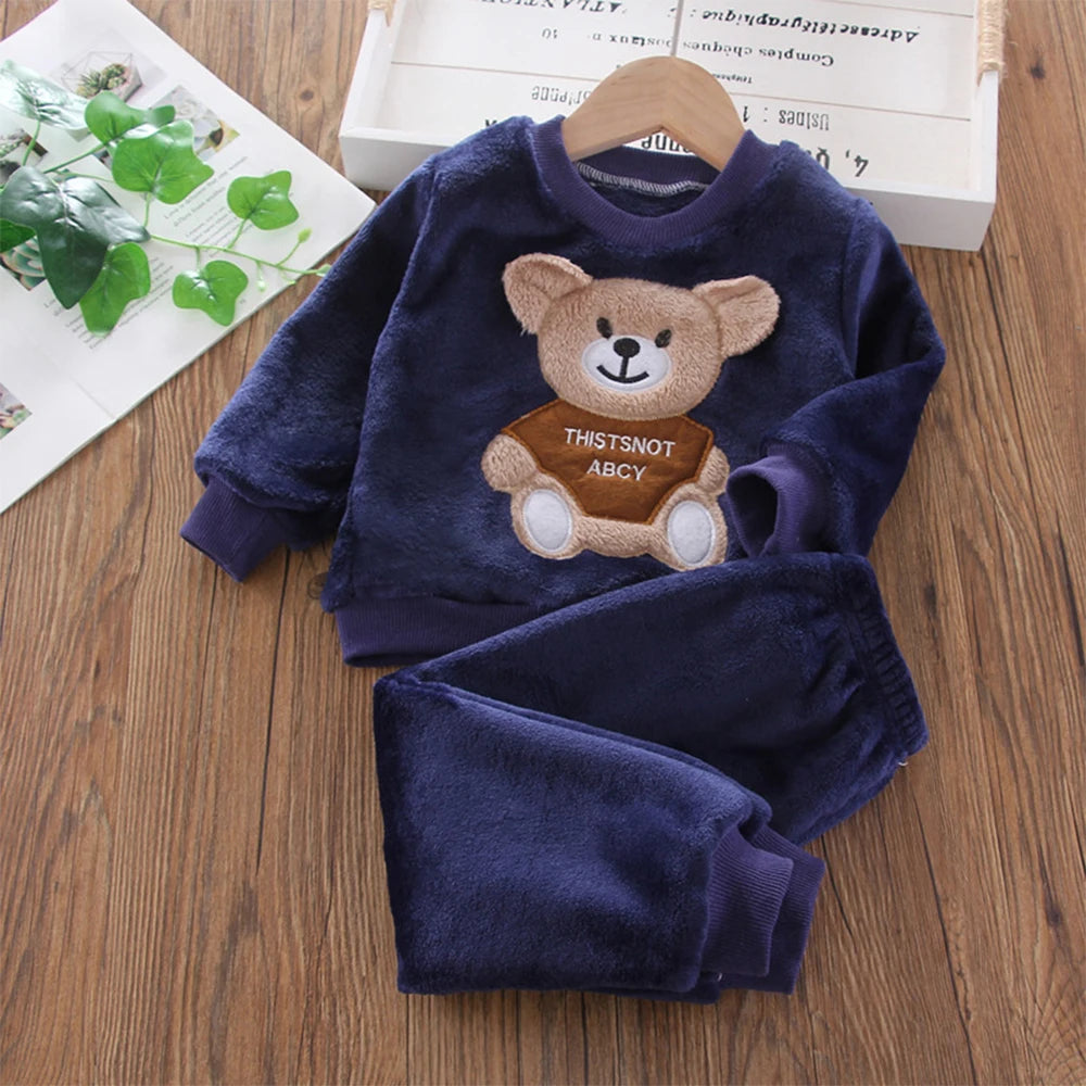 Bear Leader Girls Sets Winter Flannel Homewear Set Long-sleeved Bear Patch Cloth Hoodie Pants Autumn and Winter Warm Boy 2pc Set