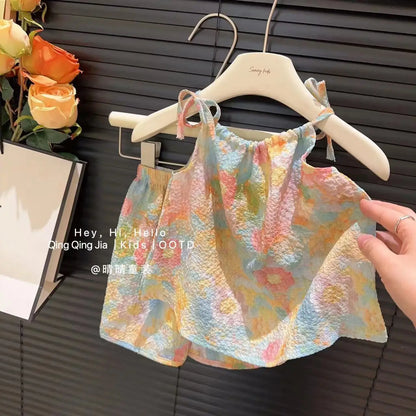 Girl's Clothing Sets 2024 Summer Fashion Girl Set Children Pastoral Floral Print Strap with Oil Painting Style Fresh Set