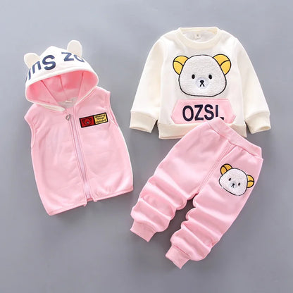 Children's Autumn and Winter Set 2024 Boys and Girls Cartoon Plush Coat+Hooded Vest+Pants Set Baby Warm Three Piece Set 0-4Y