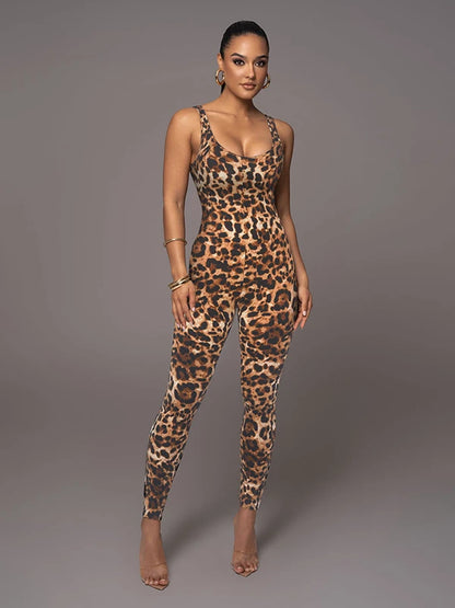 Gymdolphin Women's Sexy Leopard Print Skinny Nightclub Jumpsuit Spaghetti-Neck Yoga Clothes Fitness Coverall Female Club Outfits