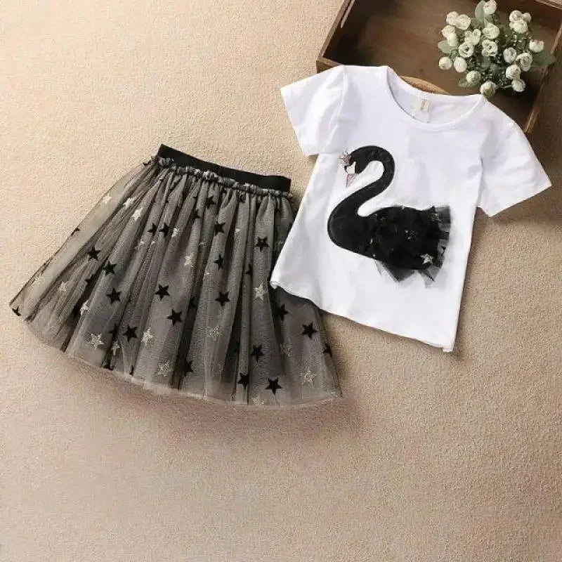 Kid Girl Clothes Cartoon Swan Lace T-shirt+Star Tulle Skirt 2Pcs Set Baby Outfit Casual Girls' Suit Fashion Two-Piece