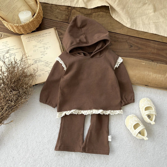 2024 Autumn New Children's Suit Coffee Colored Hooded Lace Patchwork Hoodie+Long Pants 2-piece Set Minimalist Girls Clothes