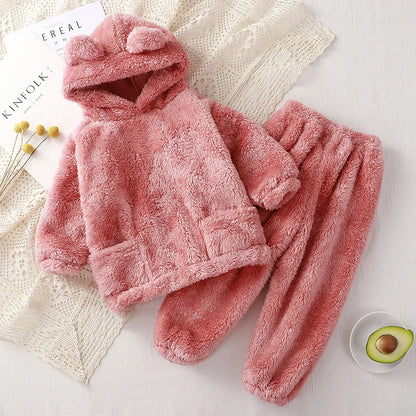 1 2 3 4 5 Years Autumn Winter Warm Plush Boys Clothing Sets Fashion Flannel Hooded Top + Pants Girls Suits Birthday Kids Clothes