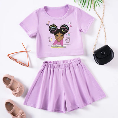 Summer Girls Cartoon Printed Set Toddler Girls Cute Printed Short Sleeve Shorts Two Piece Comfortable Fashion Set