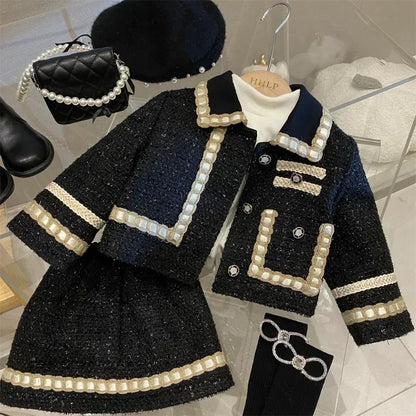 New Girl 2 Piece Tweed Set Winter Suit Clothes for 1-10Years Children's Cotton Padded Jacket Coat+Skirt Kids Classic Outfits