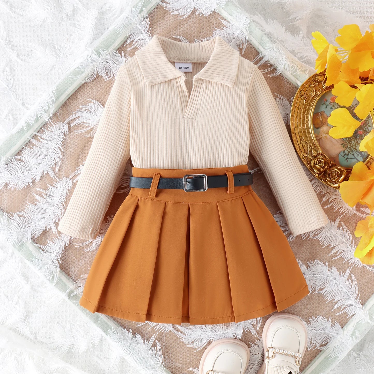 3PCS Autumn New Style 1-5 Year Old Girl Baby College Casual Solid Color Long-Sleeved Pit Top + Pleated Short Skirt Set