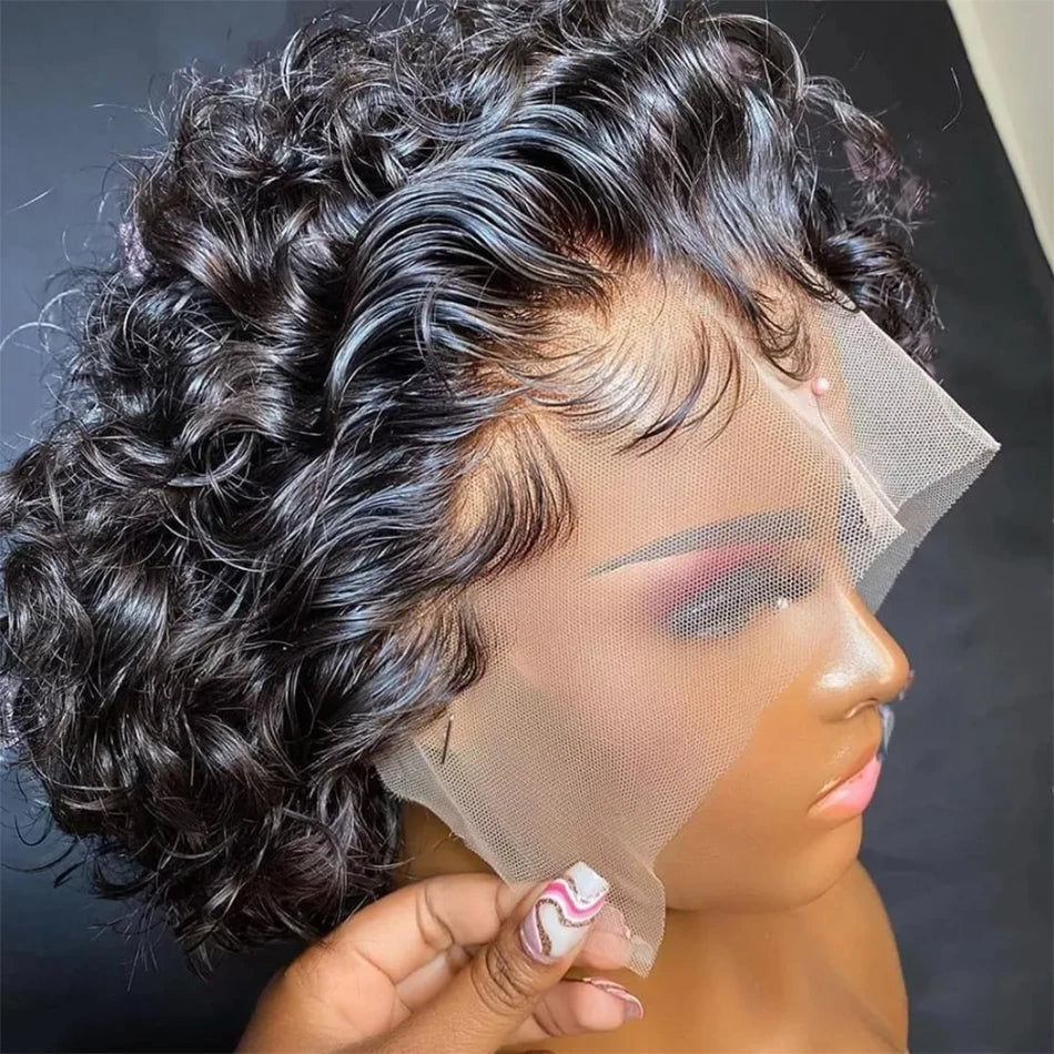 Pixie Cut Wig Curly Human Hair Wigs Short Bob Perruque Bresillienne Cheap 13X1 Transparent Lace Wig Water Deep Wave Human Hair