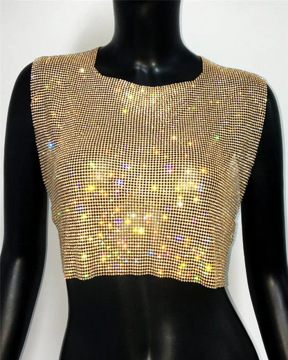 Shiny Rhinestone Sequins Crop Top Sexy Backless Round Neck Metal Tank Top For Women 2024 Fashion Nightclub Party Camisole