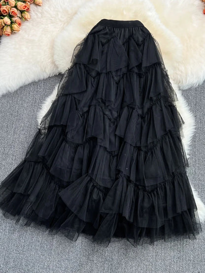 TIGENA Tutu Tulle Long Skirts Womens 2023 Autumn Korean Solid A Line High Waist Mesh Tiered Maxi Skirt Female Faldas Aesthetic