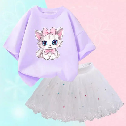 Cute Summer Girls Outfits Cartoon Cat T-shirt and Tutu Skirt 2pc/Set Girl Princess Clothes Suit Children Birthday Clothing