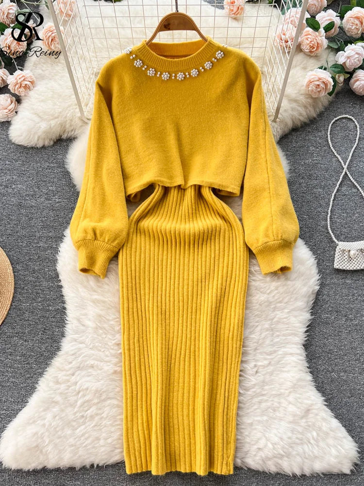 SINGREINY Winter Women Knitted Sets Fashion Breading Long Sleeve Pearl Sweater+Knitted Camis Dress Sets Fashion Sweater Suits