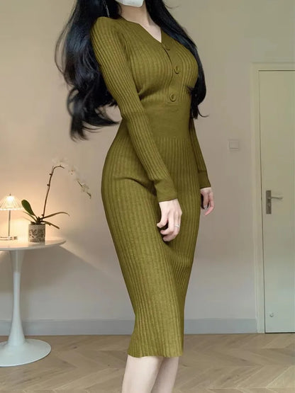 Vintage Knitted Sweater Long Sleeve Midi Dresses for Women Slim Korean Elegant Green Button V Neck Bodycon Dress Autumn 2023 New