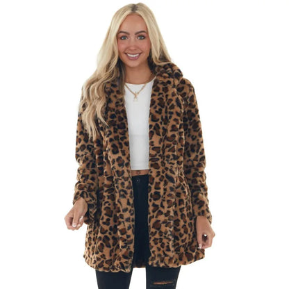 2024 Autumn and Winter Leopard Women's Fashion Temperament Faux Fur Pocket Loose Fur Coat