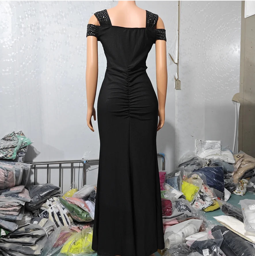 Woman Sexy High Waist Evening Dresses Fashion Women's Clothes Rhinestone Cold Shoulder Slit Ruched Elegant Party Dress for Women