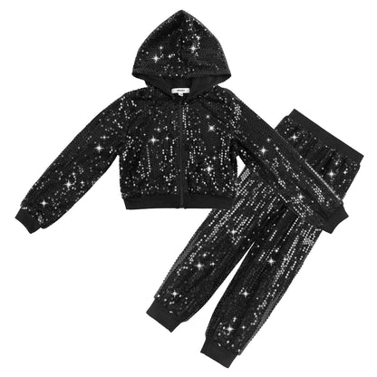 LOlanta 2Pcs Girls Sequin Hooded Jacket & Pants Set Kids Hip Hop Dance Clothing Theme Party Outfits for 5-12 Years