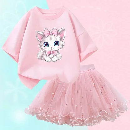 Cute Summer Girls Outfits Cartoon Cat T-shirt and Tutu Skirt 2pc/Set Girl Princess Clothes Suit Children Birthday Clothing