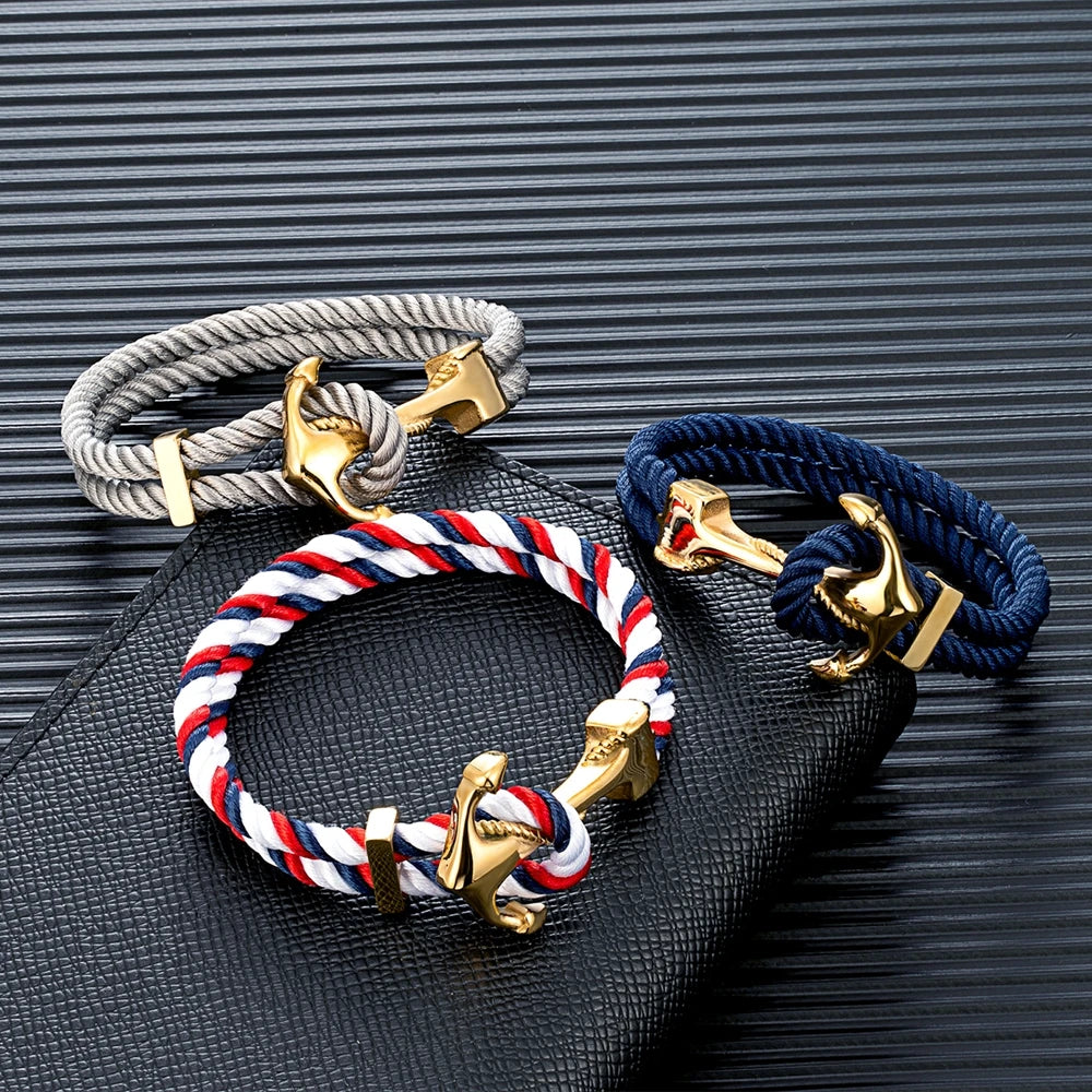 MKENDN Fashion Men Anchor Bracelet Woven Multilayer Survival Rope Bracelets For Women Gold Color Stainless Steel Sailor Buckle