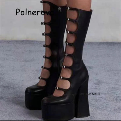 Solid Platform Boots Women's Shoes Chunky Heel Stylish Multi Buckle Straps Roman Shoes Ladies Sexy Hollow Rock Style High Boots