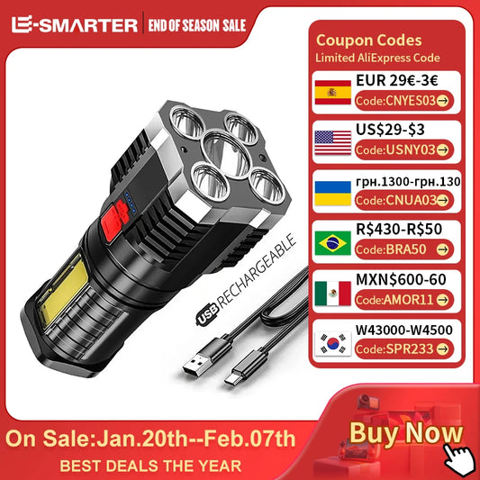 5LED High Power Led Flashlights Rechargeable Camping Spotlight with Side Light 3 Lighting Modes for Camping Adventure Outdoor