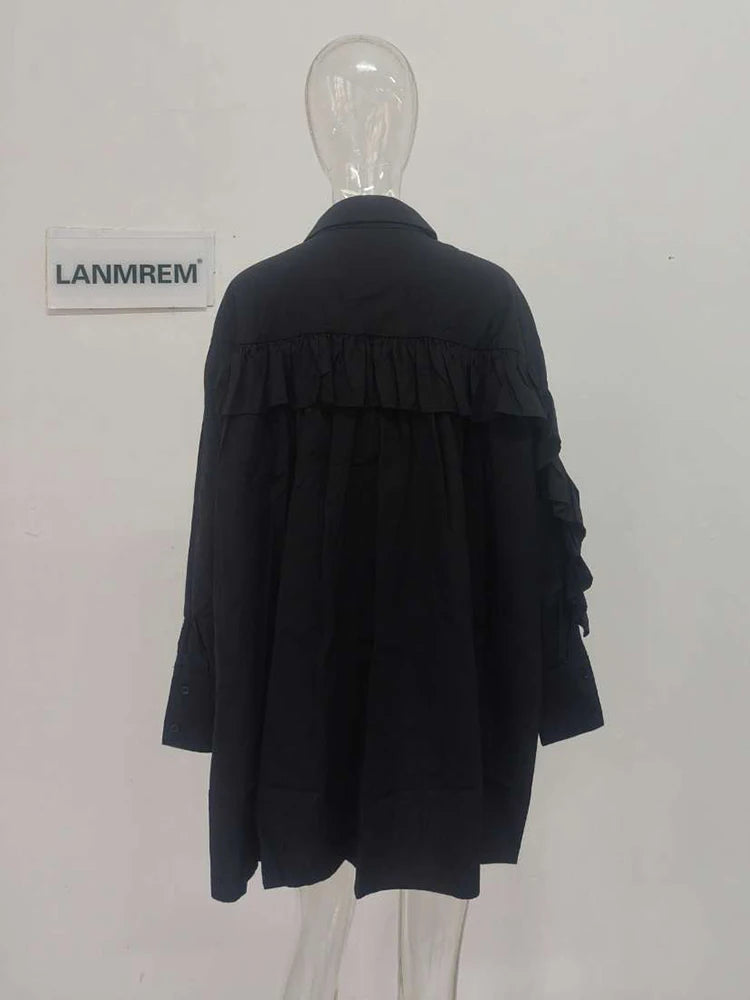 LANMREM Pink Big Size Women's Shirt Fashion Back Ruffles Patchwork Single Breasted Loose Tops 2024 Spring New Clothing 2AA4728