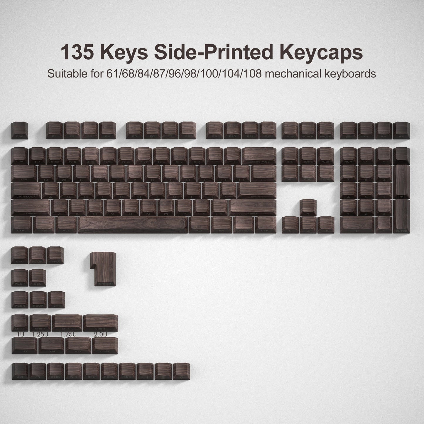 135 Keys Wood Grain Shine Through Keycaps Dye Sub Side Print PBT Keycaps Cherry Profile for Cherry Gateron MX Switch Keyboard