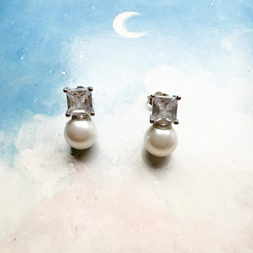 Stud Earrings Freshwater Pearl with White Stone Europe Style Fine Jewerly For Women Classic Gift In 925 Sterling Silver