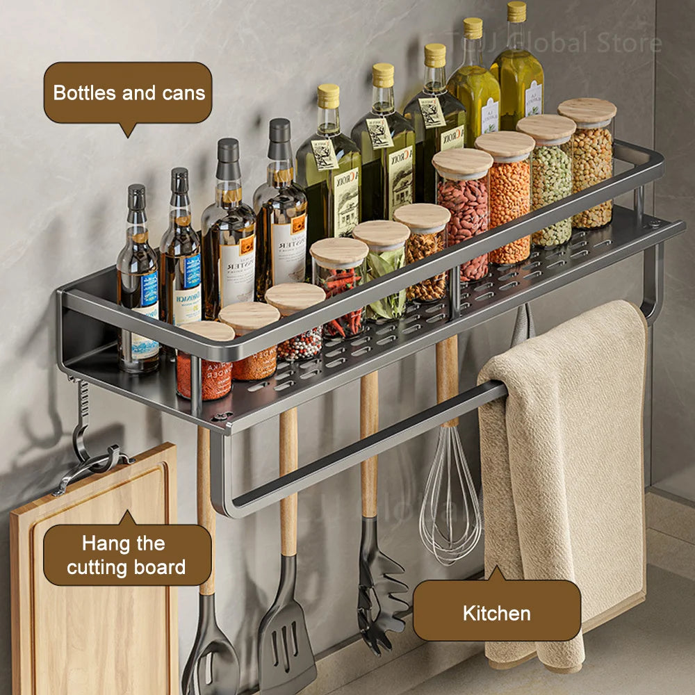 1/2PCS Wall Mounted Spice Rack No Drilling Kitchen Spice Organizer with Hook Spice Storage Rack Bathroom Kitchen Storage Shelf