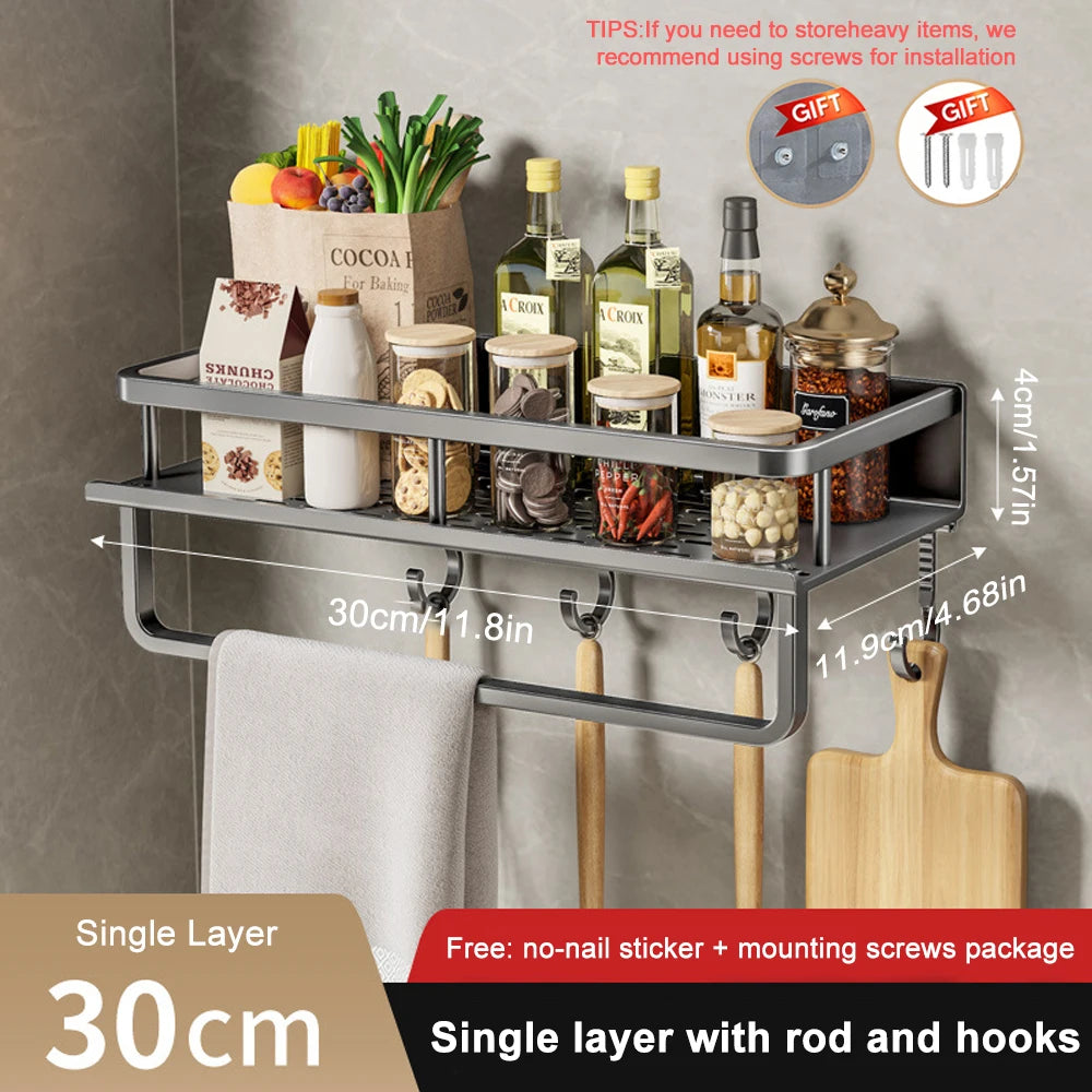 1/2PCS Wall Mounted Spice Rack No Drilling Kitchen Spice Organizer with Hook Spice Storage Rack Bathroom Kitchen Storage Shelf