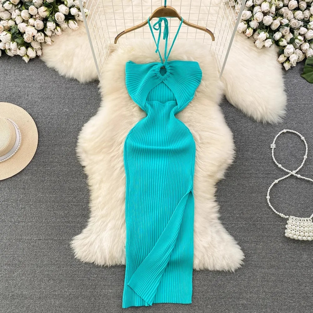 YuooMuoo Women Dress 2024 New Summer Fashion Sexy Package Hips High Split Knitted Bodycon Party Dress Vacation Beach Vestidos