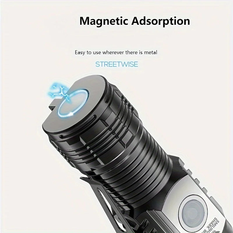 Tactical LED Mini Flashlight Outdoor 3 LEDs Torch Clip Magnet USB Rechargeable Work Light 5 Modes for Hiking Camping Car Repair