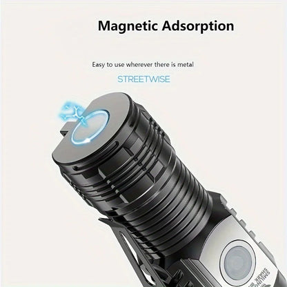 Tactical LED Mini Flashlight Outdoor 3 LEDs Torch Clip Magnet USB Rechargeable Work Light 5 Modes for Hiking Camping Car Repair