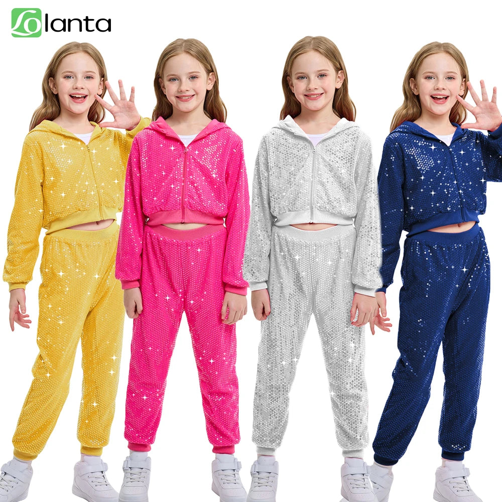 LOlanta 2Pcs Girls Sequin Hooded Jacket & Pants Set Kids Hip Hop Dance Clothing Theme Party Outfits for 5-12 Years